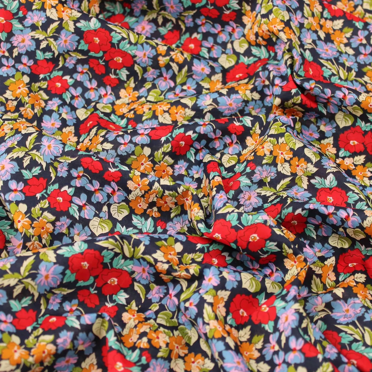 Kingfisher Eden Garden Flowers Cotton Lawn - Navy