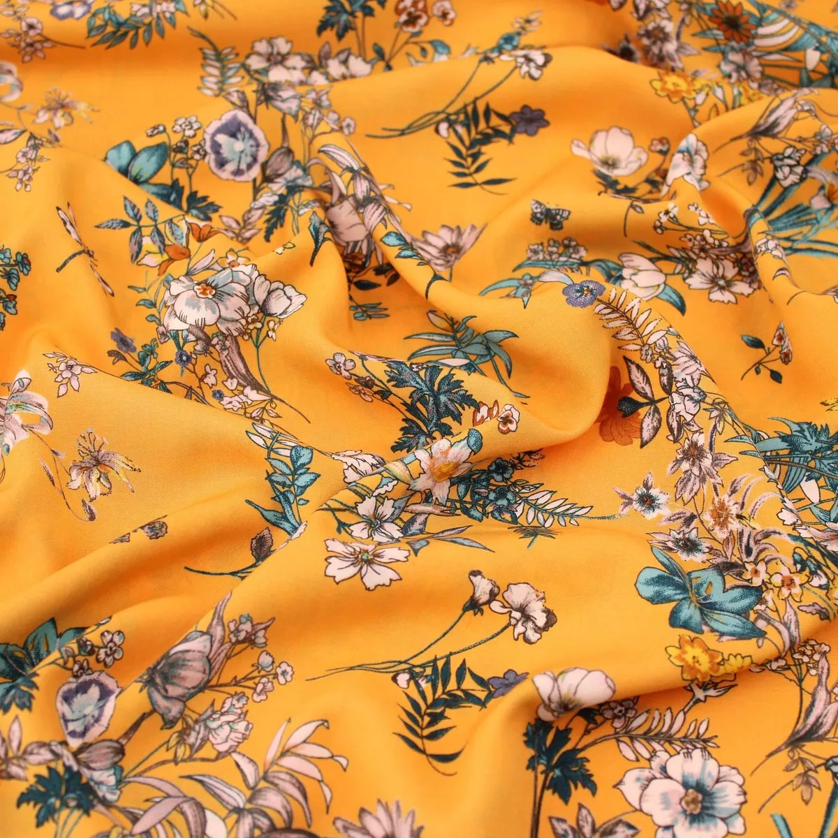 Mustard Teal Blooming Florals Viscose - Mustard