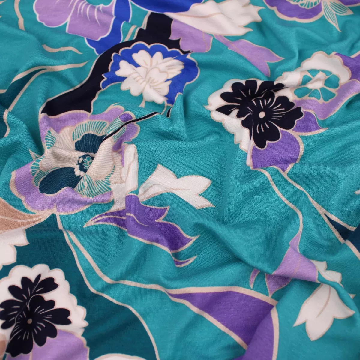 Retro 70s Viscose Jersey Flowers - Emerald