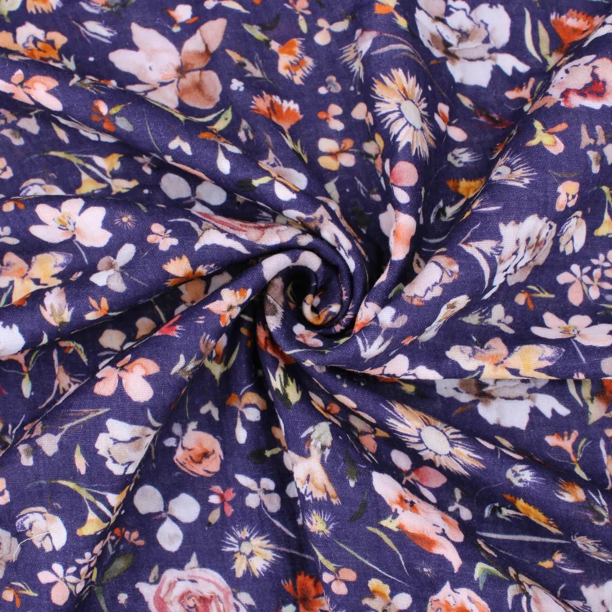 Summer Bloom Organic Floral Cotton Double Gauze - Navy