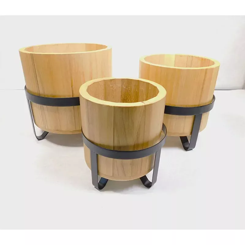 Wooden Pot/Planter with Metal Base - Small