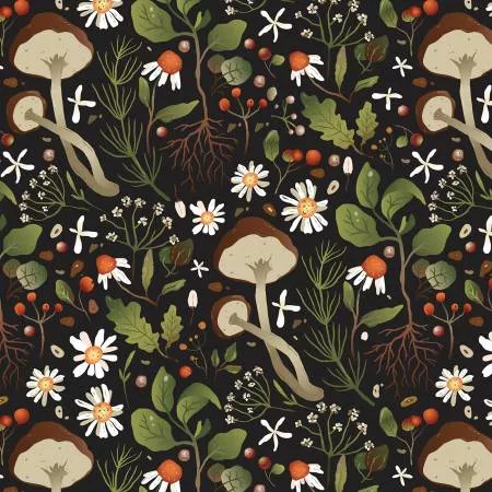 Woodland Mushrooms on Black:Woodland Mushrooms by David Textiles