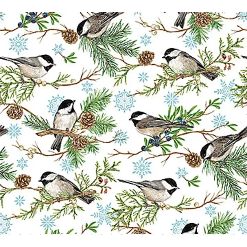 Woodland Woolies Flannel Bird White Fabric
