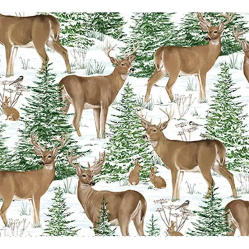 Woodland Woolies Flannel Reindeer White Fabric